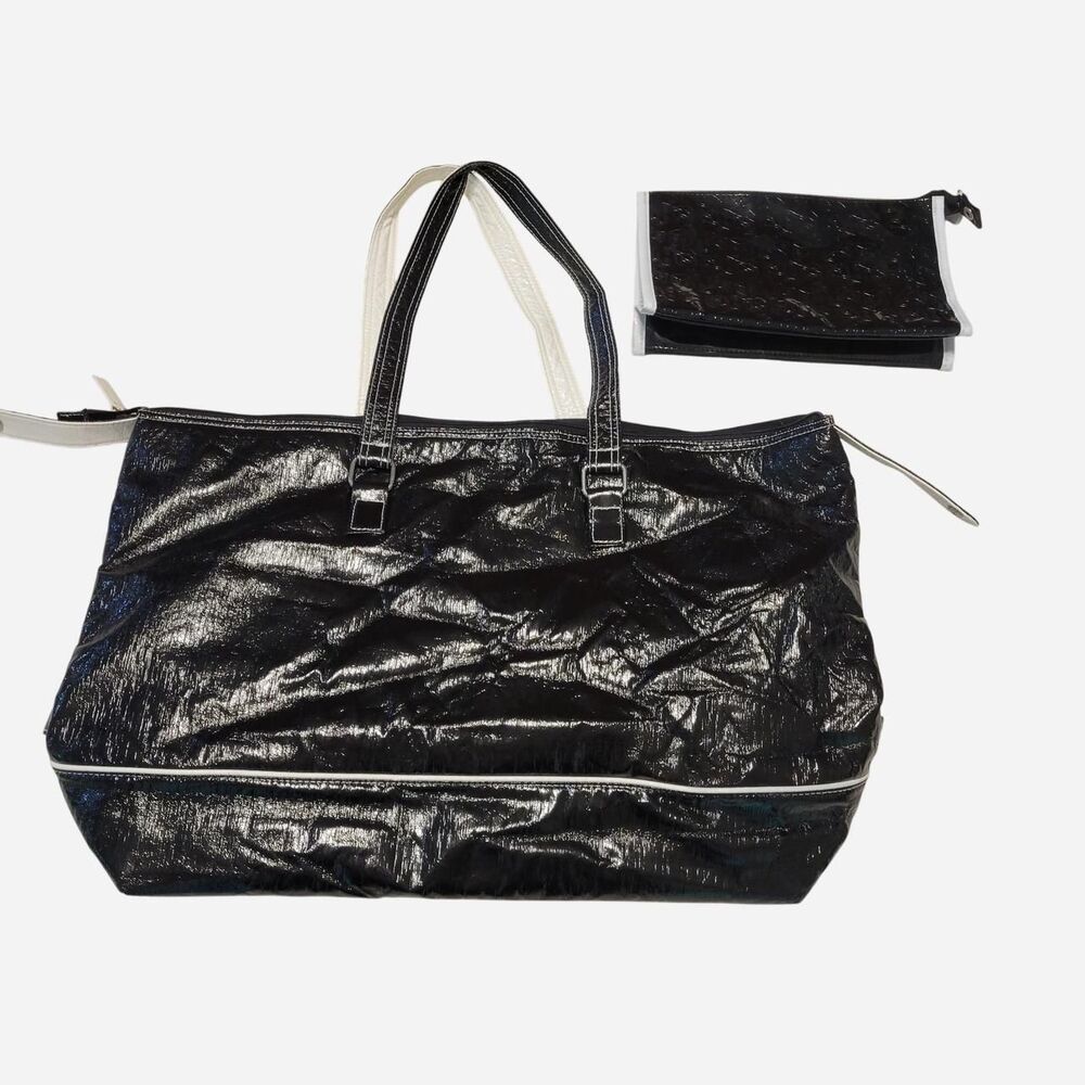 Lancome Women's Black Zip Tote and Black Rose Cosmetic Bag Set